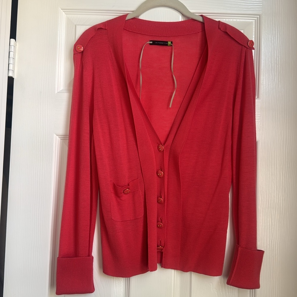 leifsdottir Coral-Red V-Neck Button Cardigan